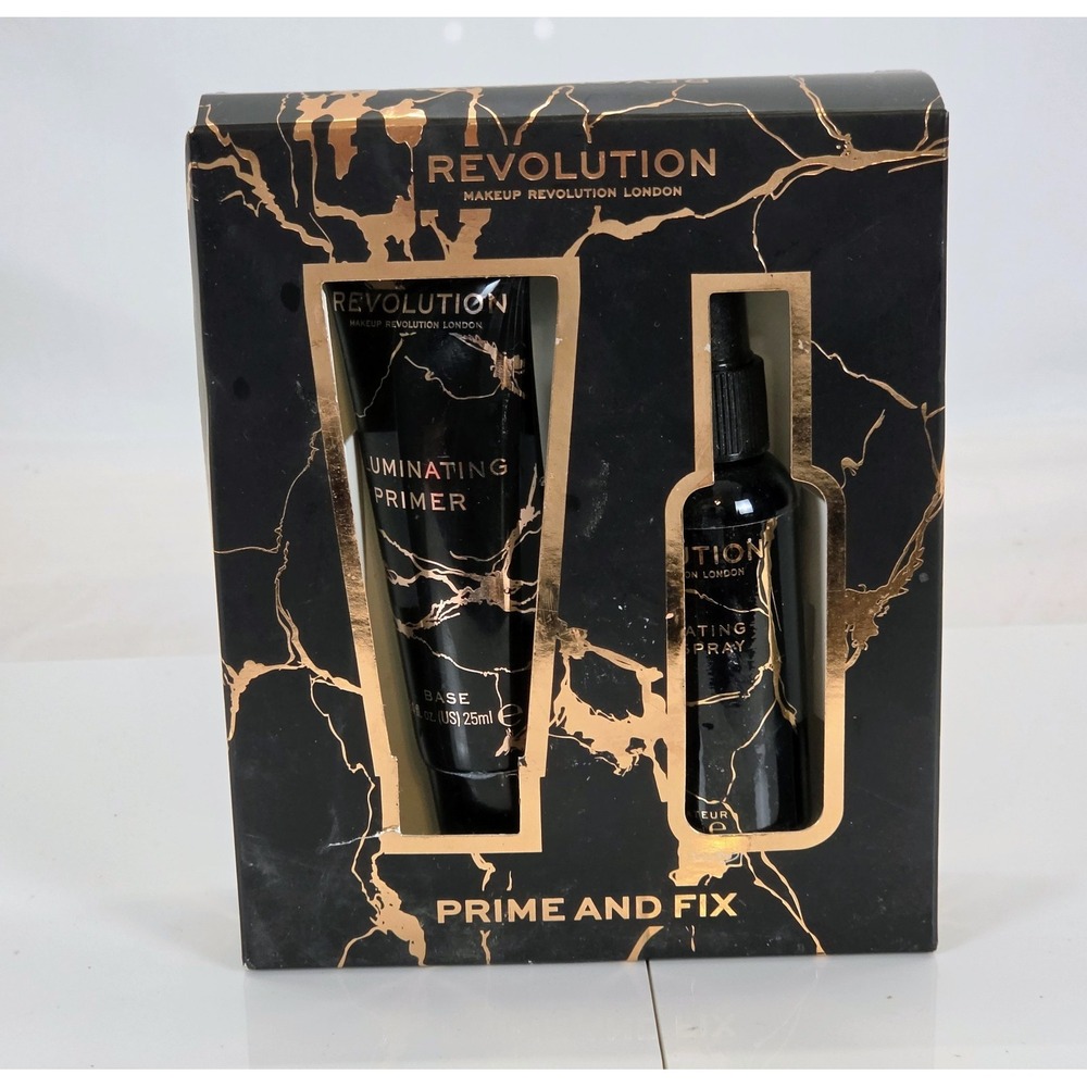 Makeup Revolution Prime and Fix Duo Gift Set Illuminating Primer Setting NIB